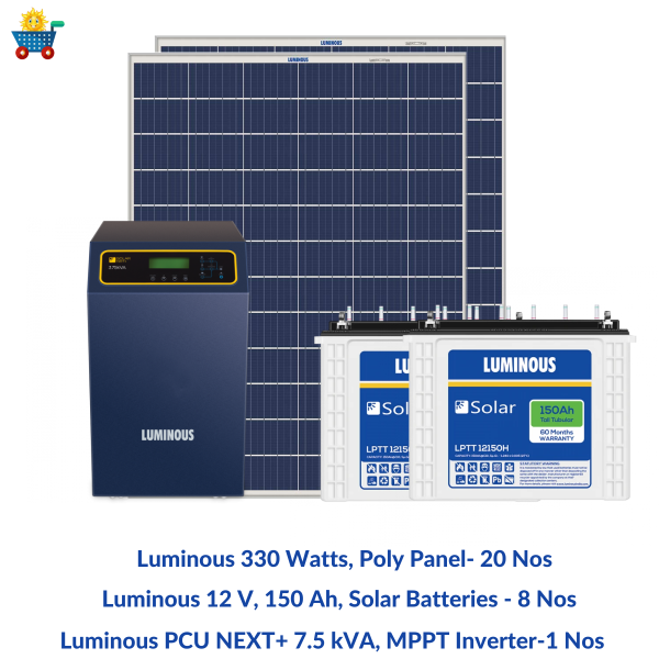 Luminous solar 10 kilowatt, 1-Phase, Polycrystalline, solar off-grid system with off grid PCU 12.5 kVA MPPT Inverter & 150 Ah solar C-10 batteries (10 Nos)- Combo Kit Cheap