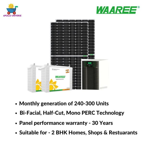 Waaree energies 2 kilowatt, Bi-Facial, Half-Cut, Mono-Crystalline OFF-GRID solar rooftop system with Waaree 535 W 540 Watts Bi-Facial solar panels (4 Nos), Solar C-10 Batteries (4 Nos) and Waaree 3750   3500 inverter for home, offices and restaurants Cheap