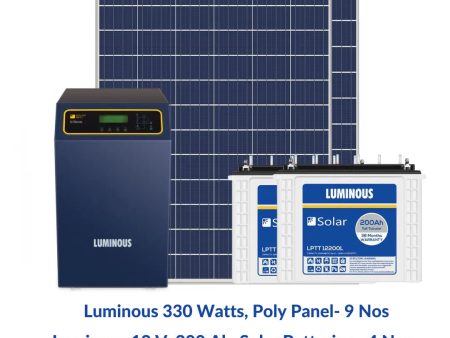 Luminous solar 3 kilowatt, Polycrystalline, solar off-grid system with Luminous off grid PCU 3.75 kVA MPPT Inverter & Luminous 200 Ah solar C-10 batteries (4 Nos)- Combo Kit Fashion