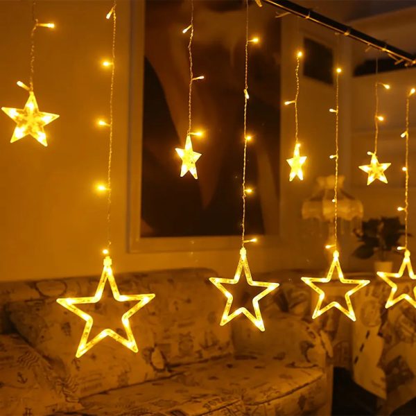 Star Curtain Diwali LED Lights for Diwali, Christams, Home, and outdoor decoration, 3 Meters (12 Stars), Warm White, Pack of 4 For Sale