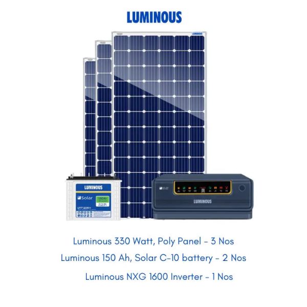 Luminous Solar 1 kW, Poly-Crystalline off-grid combo kit with Luminous NXG 1600 inverter and Luminous 150 Ah batteries (2 Nos) (without installation) Online Hot Sale