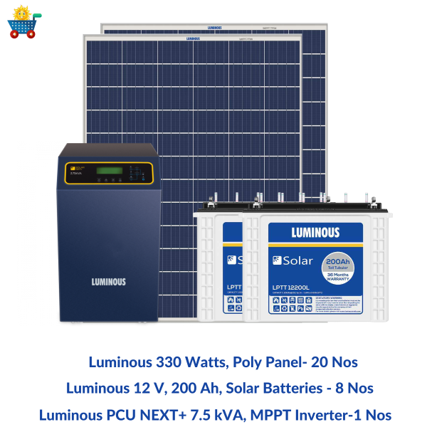 Luminous solar 6.6 kilowatt, 1-Phase, Polycrystalline, solar off-grid system with off grid PCU 7.5 kVA MPPT Inverter & 200 Ah solar C-10 batteries (8 Nos)- Combo Kit For Cheap