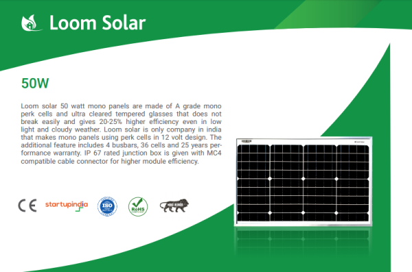 Loom Solar 50 Watt - 12 Volts Mono Crystalline Solar Panel for solar home light system & charging of small batteries, mobile Discount