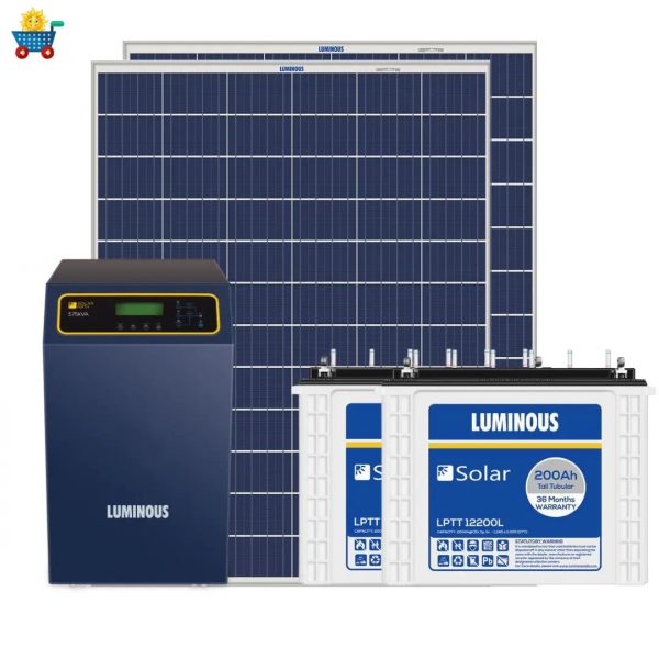 Luminous solar 3 kilowatt, Polycrystalline, solar off-grid system with Luminous off grid PCU 3.75 kVA MPPT Inverter & Luminous 200 Ah solar C-10 batteries (4 Nos)- Combo Kit Fashion